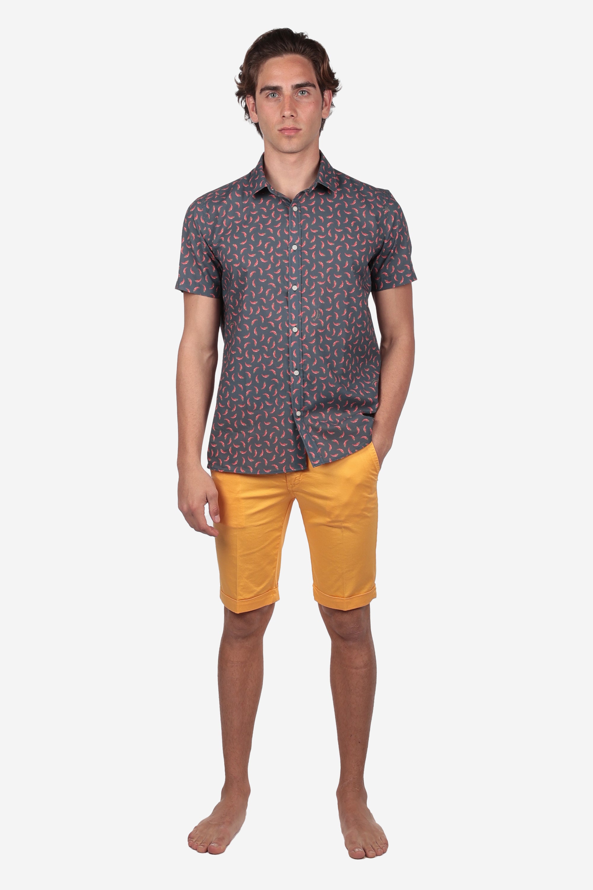 CAMICIA 100% COTONE FACILE STIRO CON FANTASIE A MEZZA MANICA CORNO