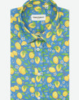 Camicia donna in cotone con fantasia limoni gialli su sfondo azzurro Positano