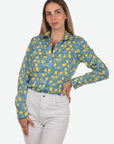 Camicia donna in cotone con fantasia limoni gialli su sfondo azzurro Positano