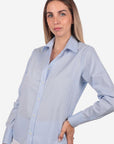 Camicia donna azzurra in cotone 100% tinta unita, realizzata artigianalmente a Napoli