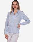 Camicia donna azzurra in cotone 100% tinta unita, realizzata artigianalmente a Napoli