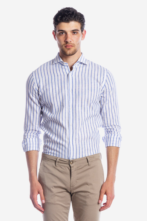 Camicia 100% lino fondo bianco con riga