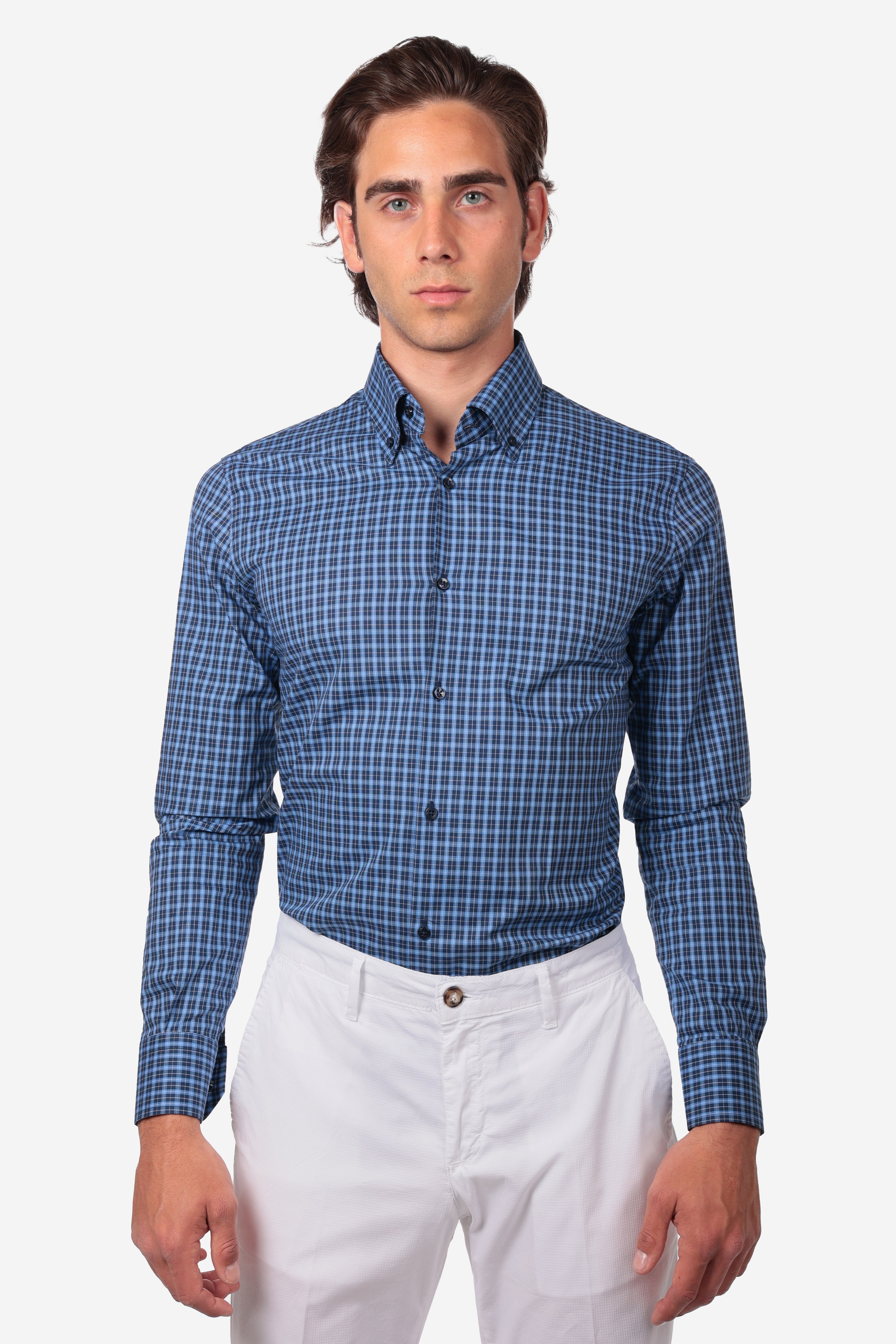 Botton down a quadri blu 100% cotone