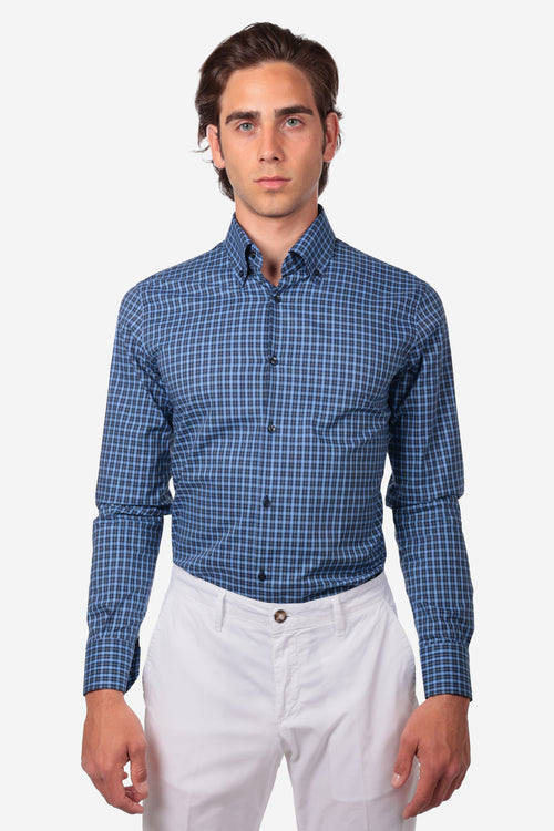 Botton down a quadri blu 100% cotone