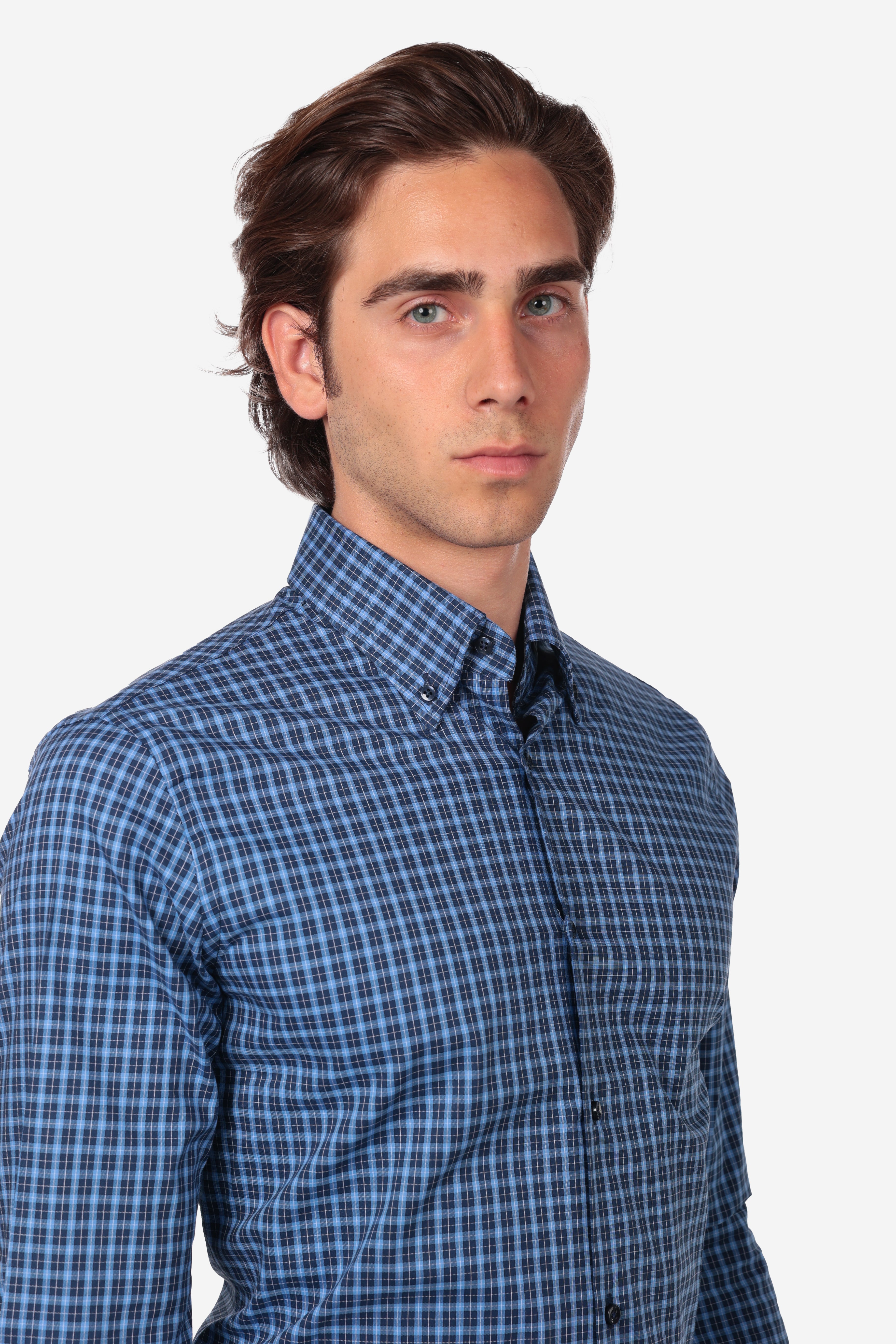 Botton down a quadri blu 100% cotone