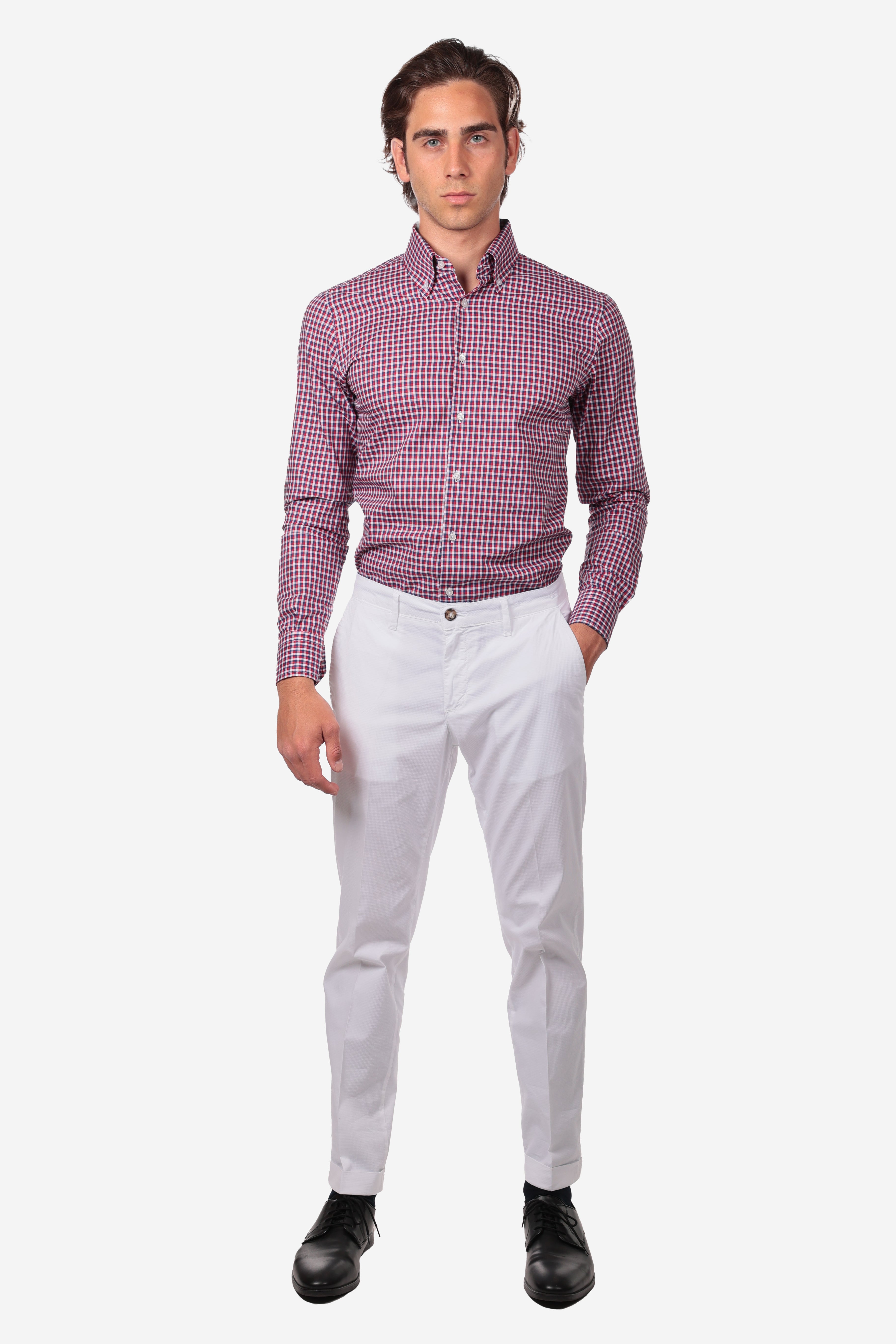 Botton down a quadri rosso 100% cotone