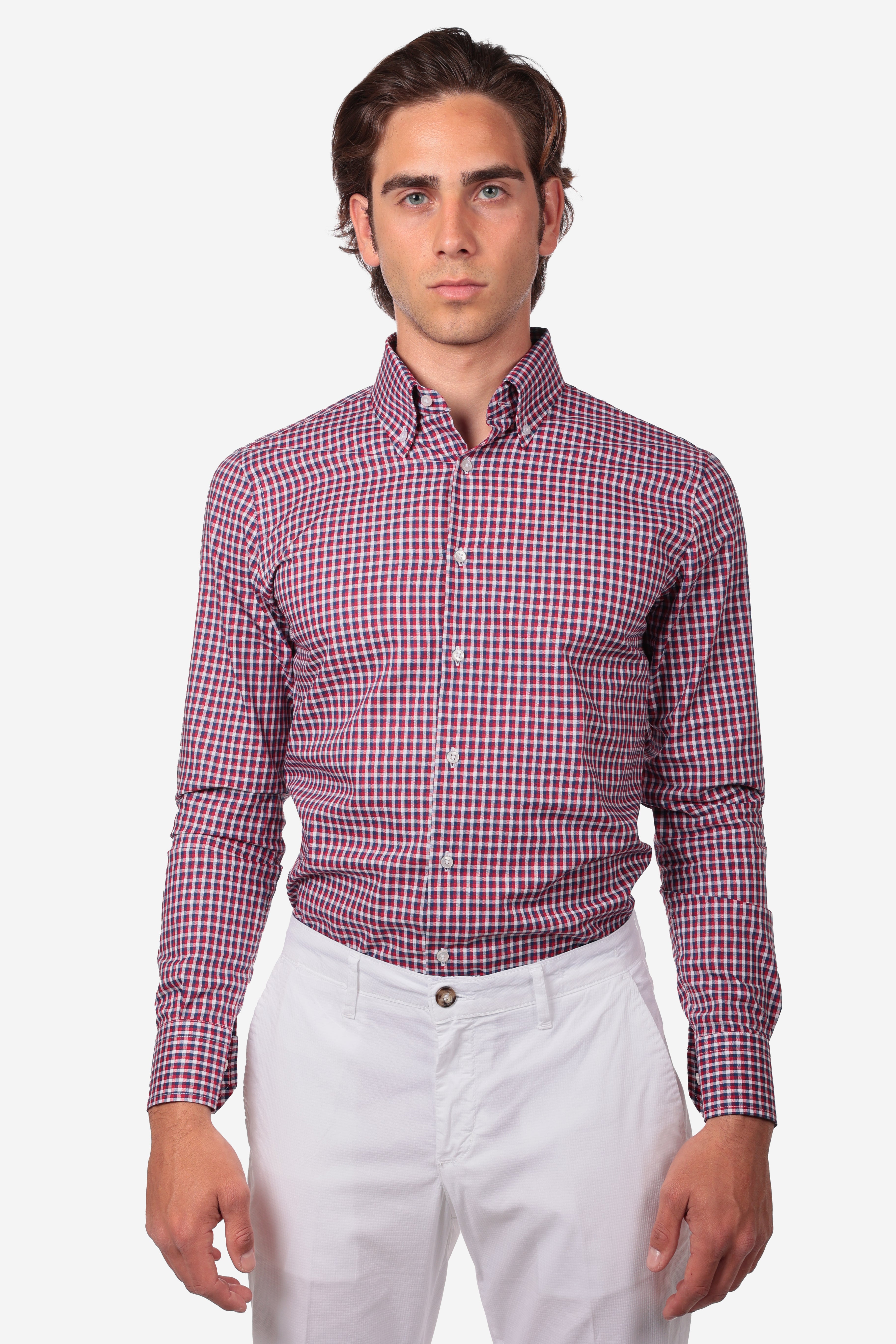 Botton down a quadri rosso 100% cotone