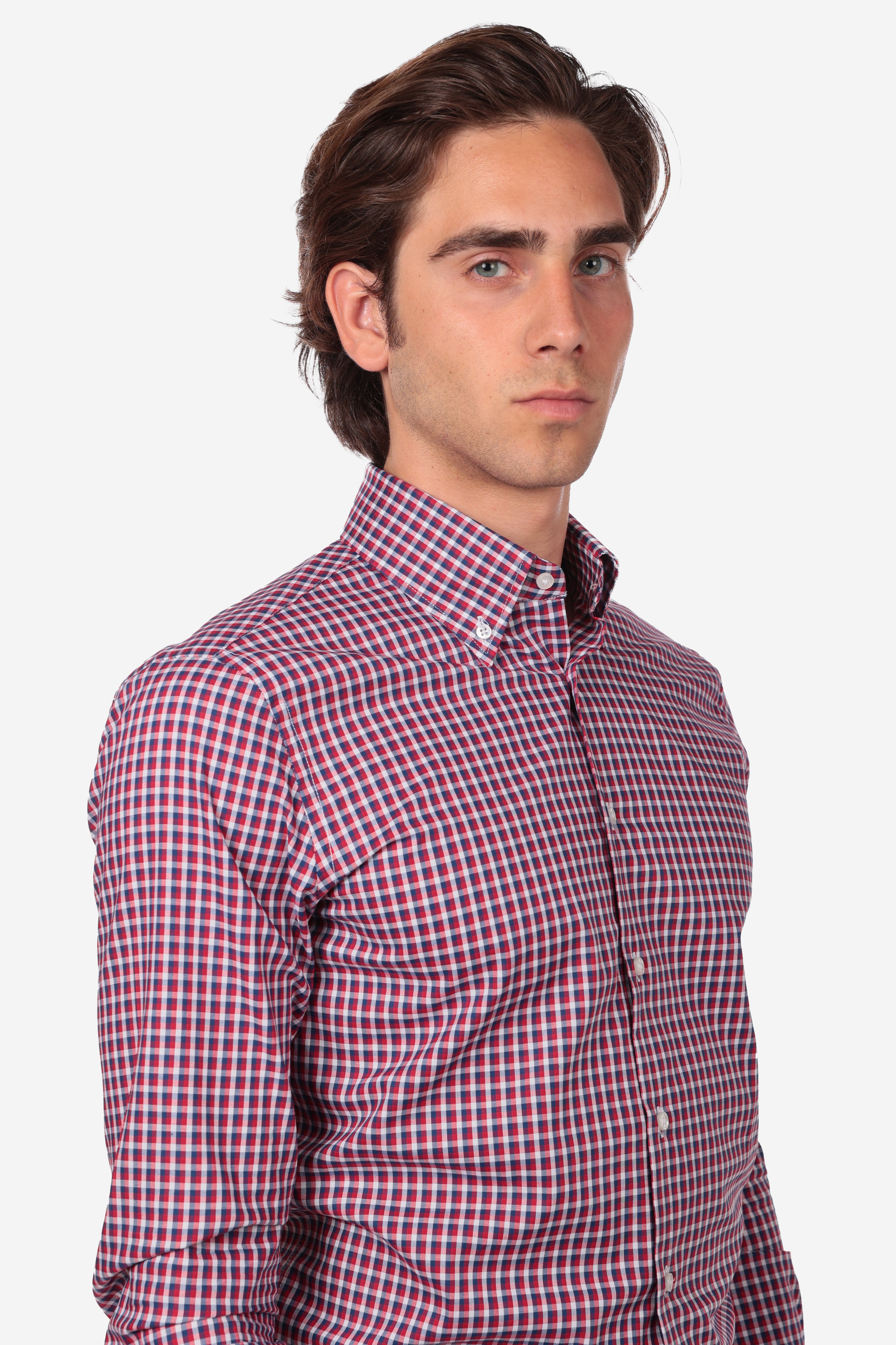 Botton down a quadri rosso 100% cotone