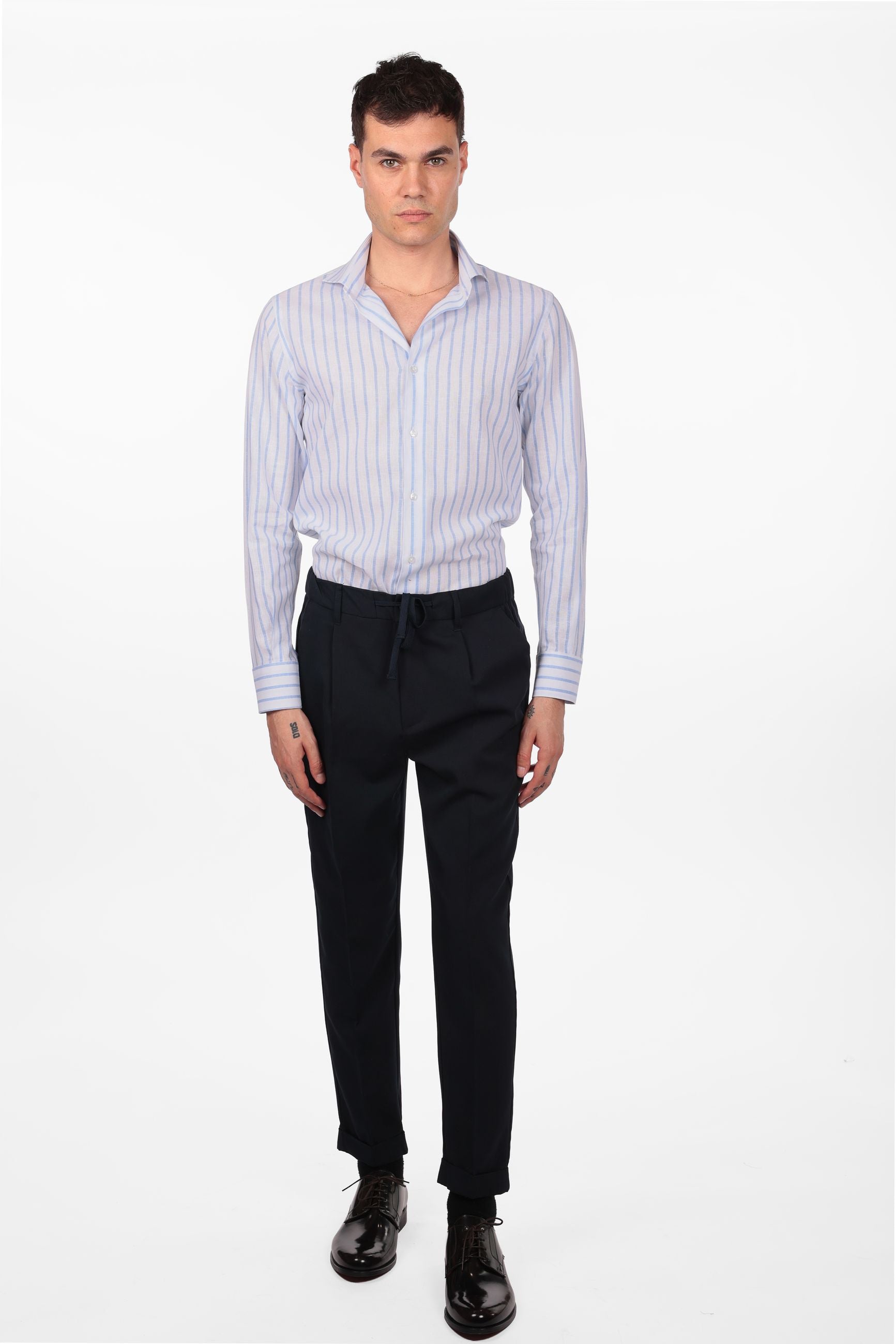 Camicia 100% lino fondo bianco con riga