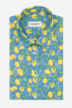 Camicia donna in cotone con fantasia limoni gialli su sfondo azzurro Positano