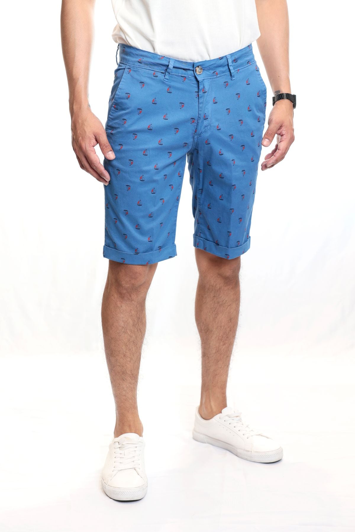 Bermuda Uomo in Cotone Made in Italy con Stampa Barca a Vela