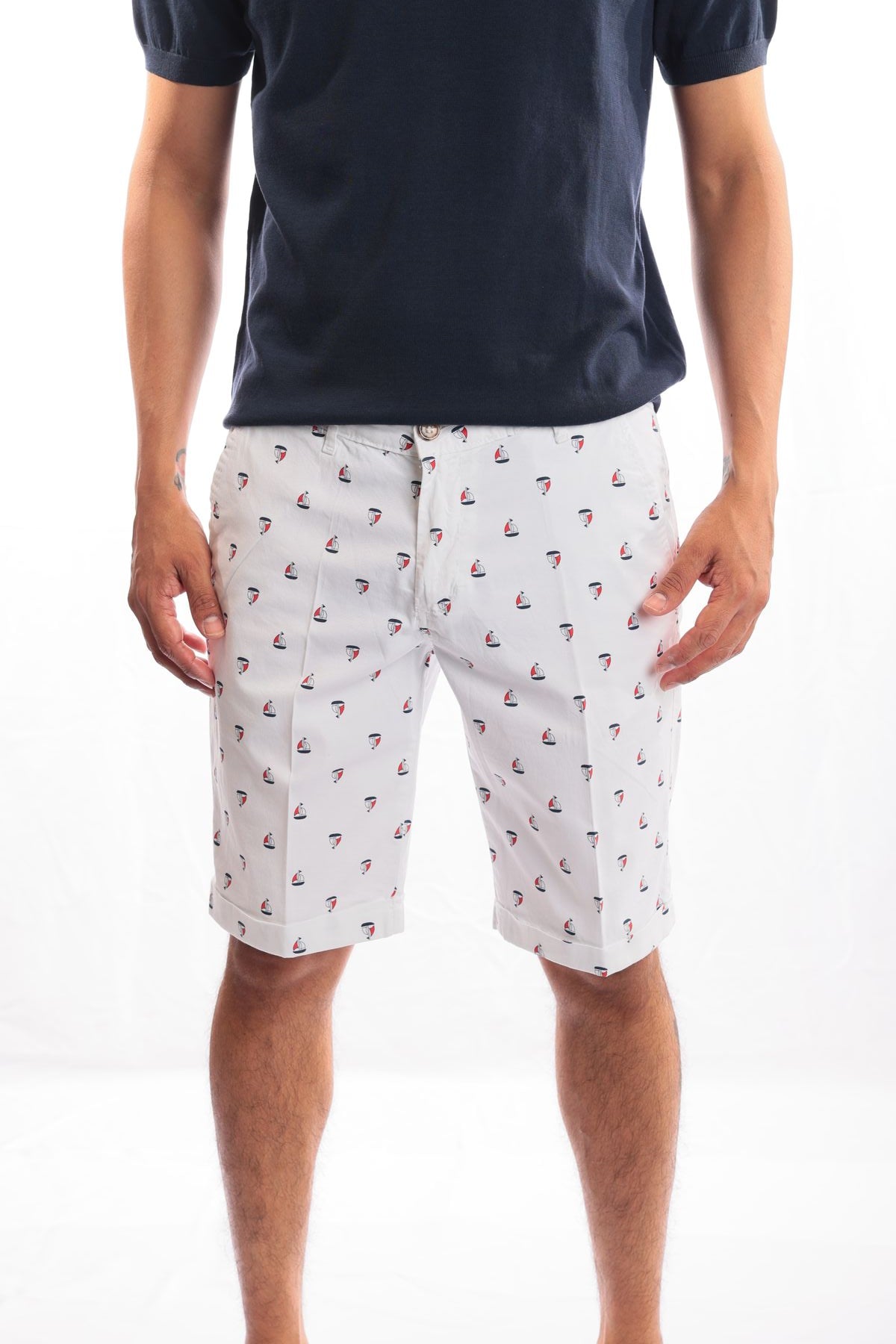 Bermuda Uomo in Cotone Made in Italy con Stampa Barca a Vela