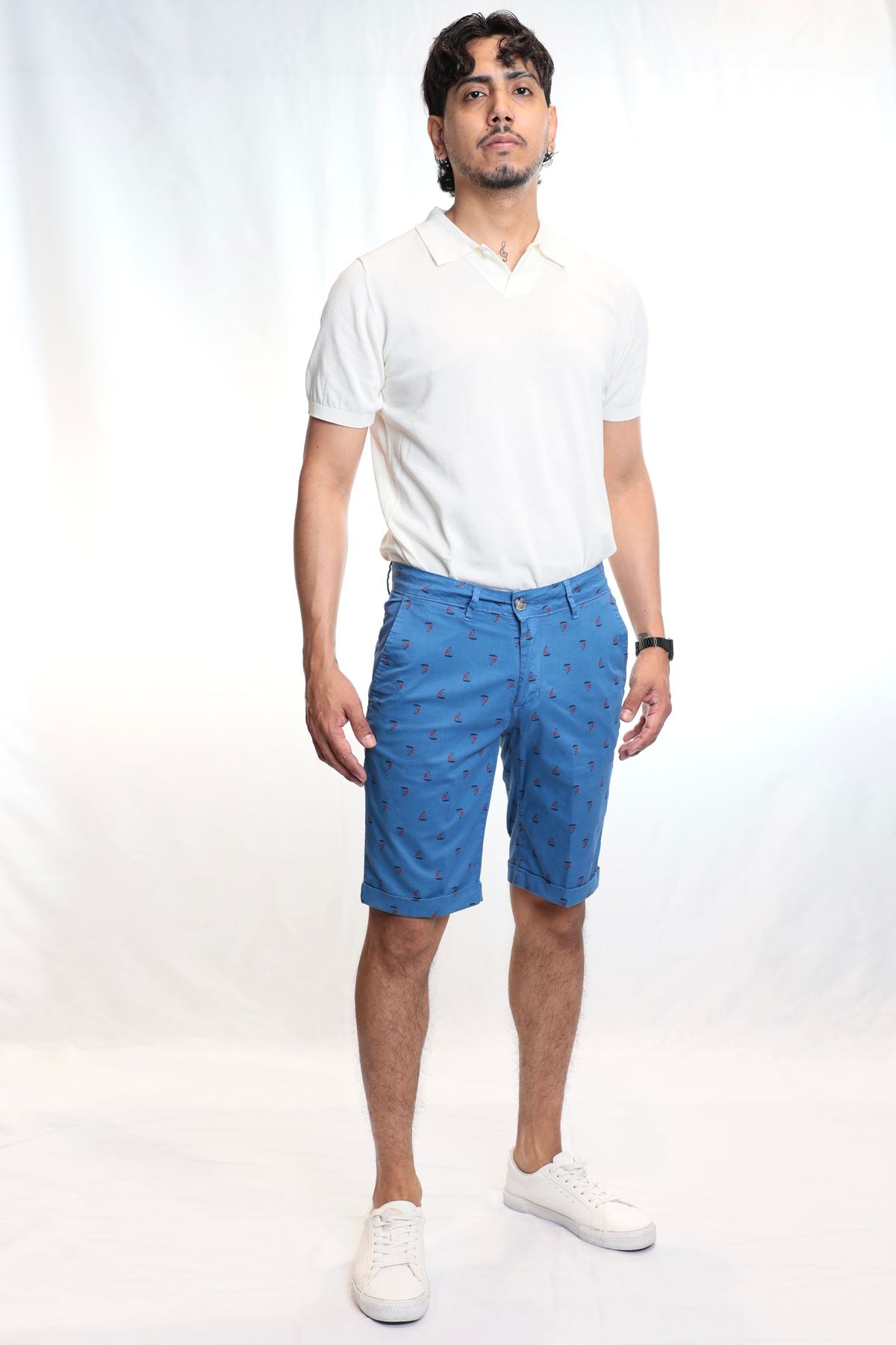 Bermuda Uomo in Cotone Made in Italy con Stampa Barca a Vela