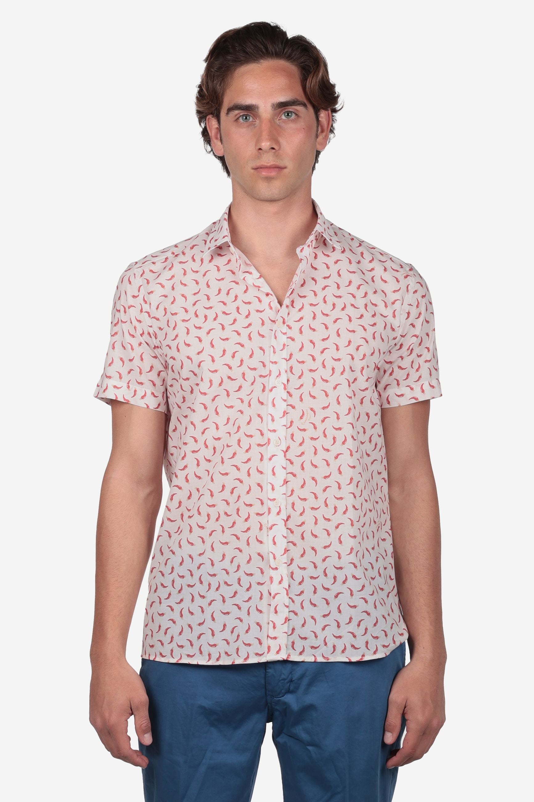 Camicia Estiva Leggera a Maniche Corte - Fantasia Corni Rossi