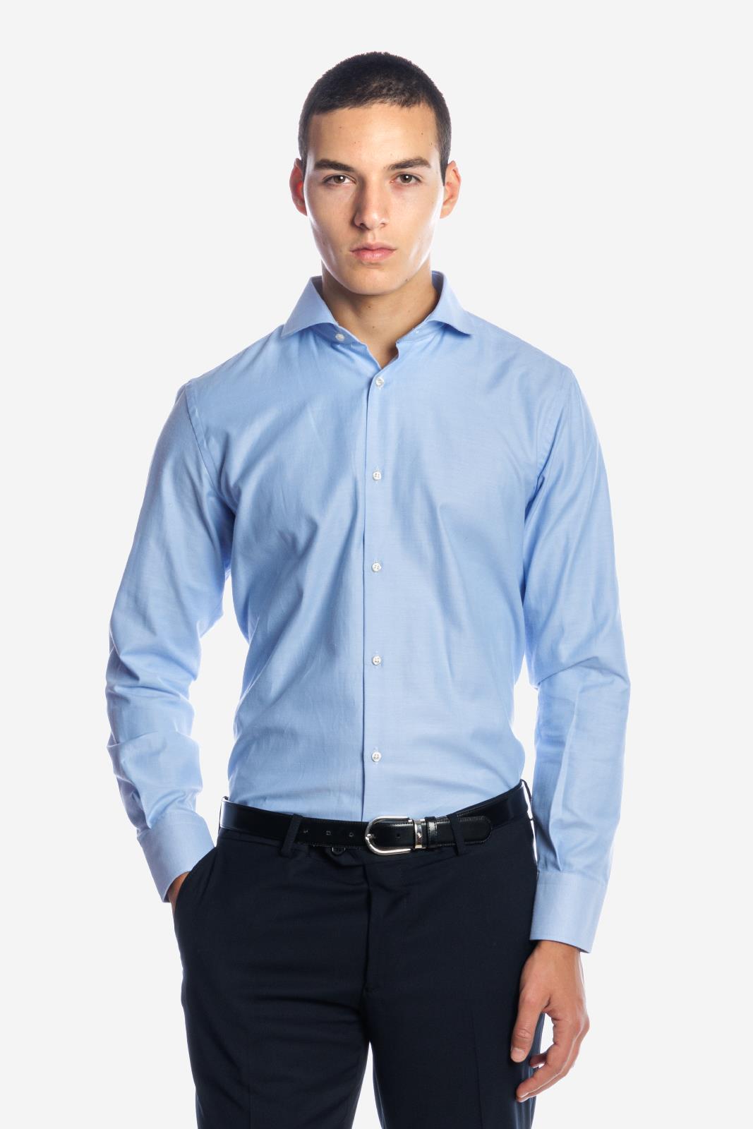 Camicia uomo in cotone fil a fil azzurra, realizzata artigianalmente a Napoli