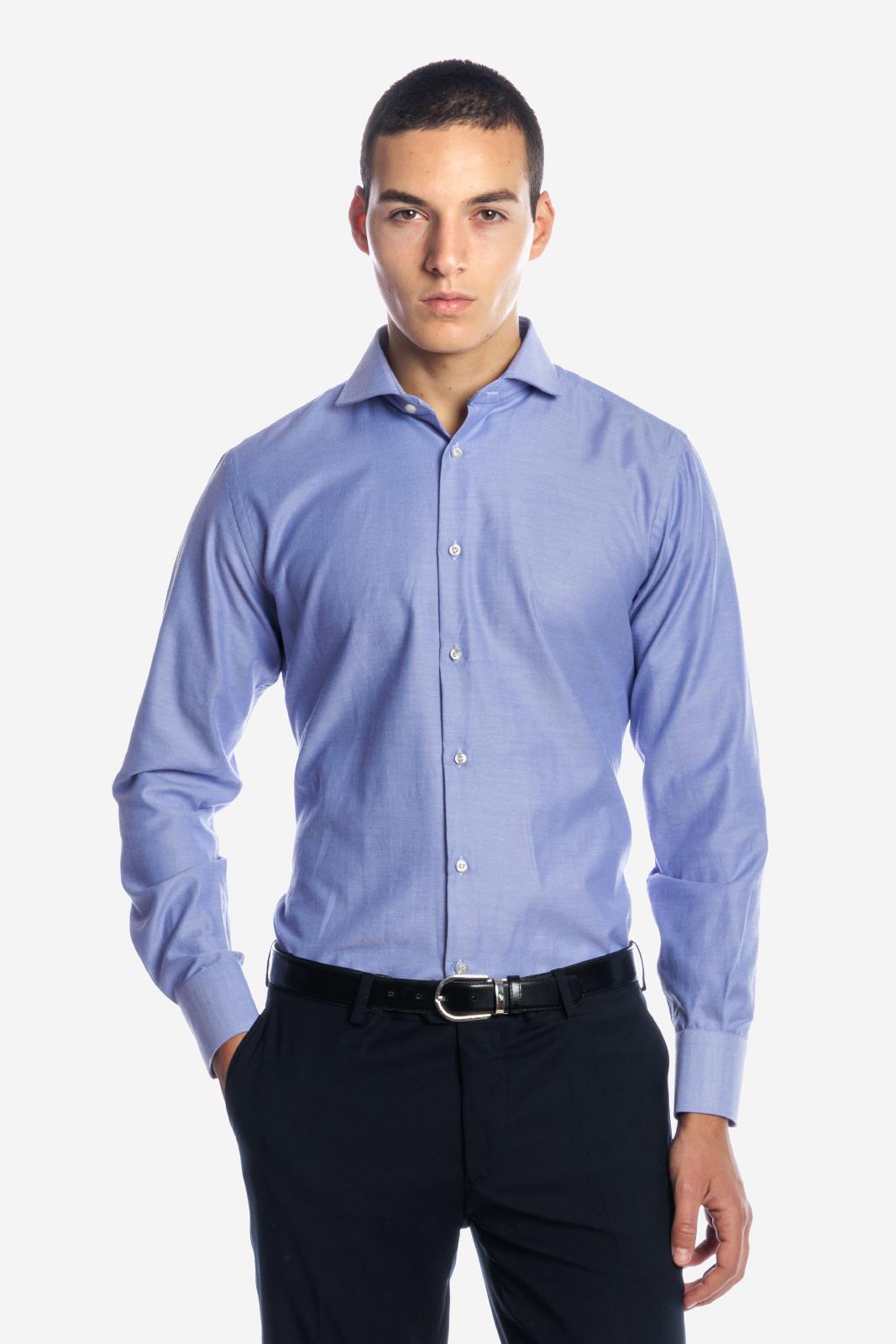 Camicia uomo in cotone fil a fil celeste, realizzata artigianalmente a Napoli