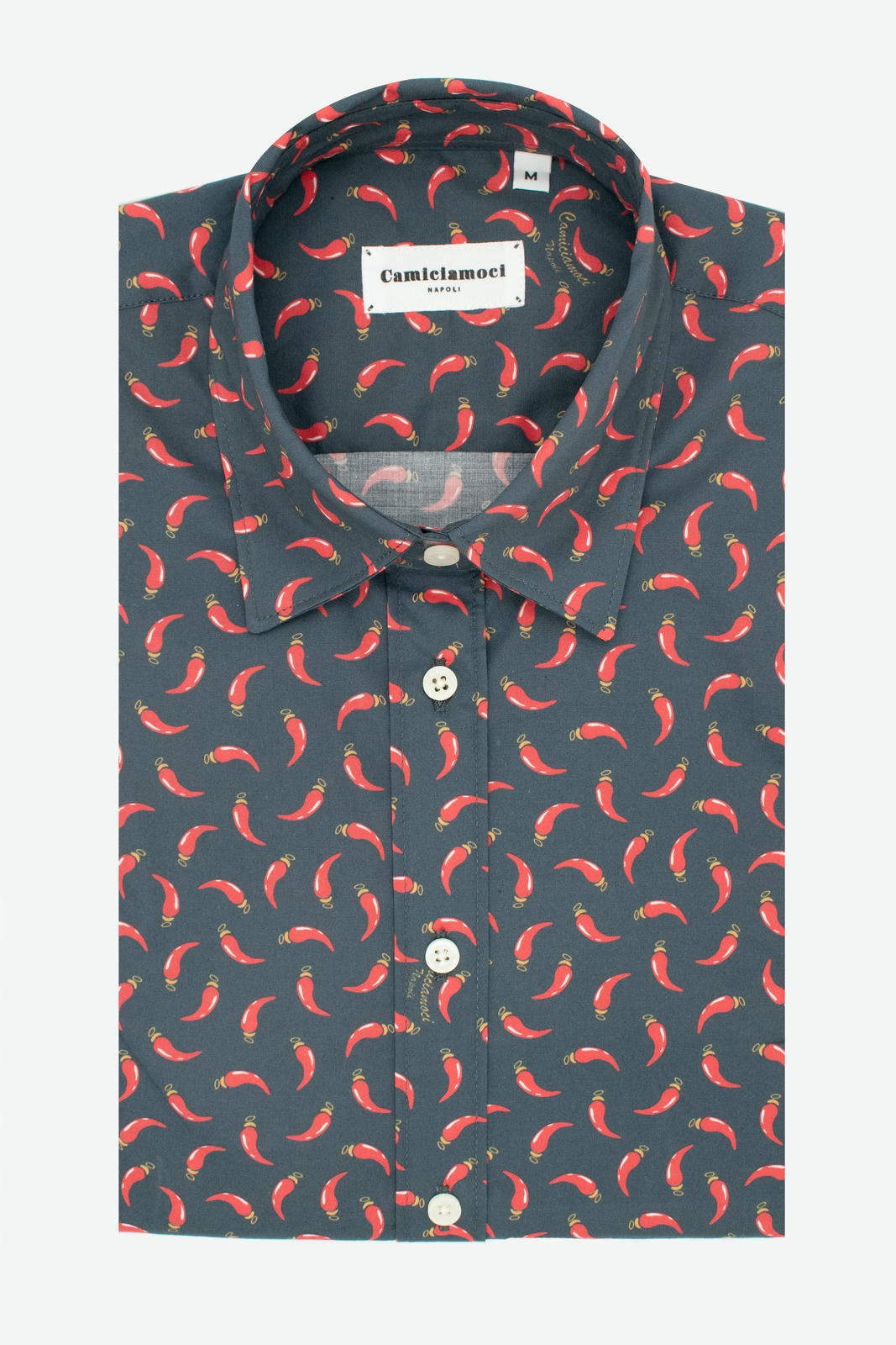 Camicia bambino in cotone con fantasia cornetti rossi portafortuna su sfondo blu