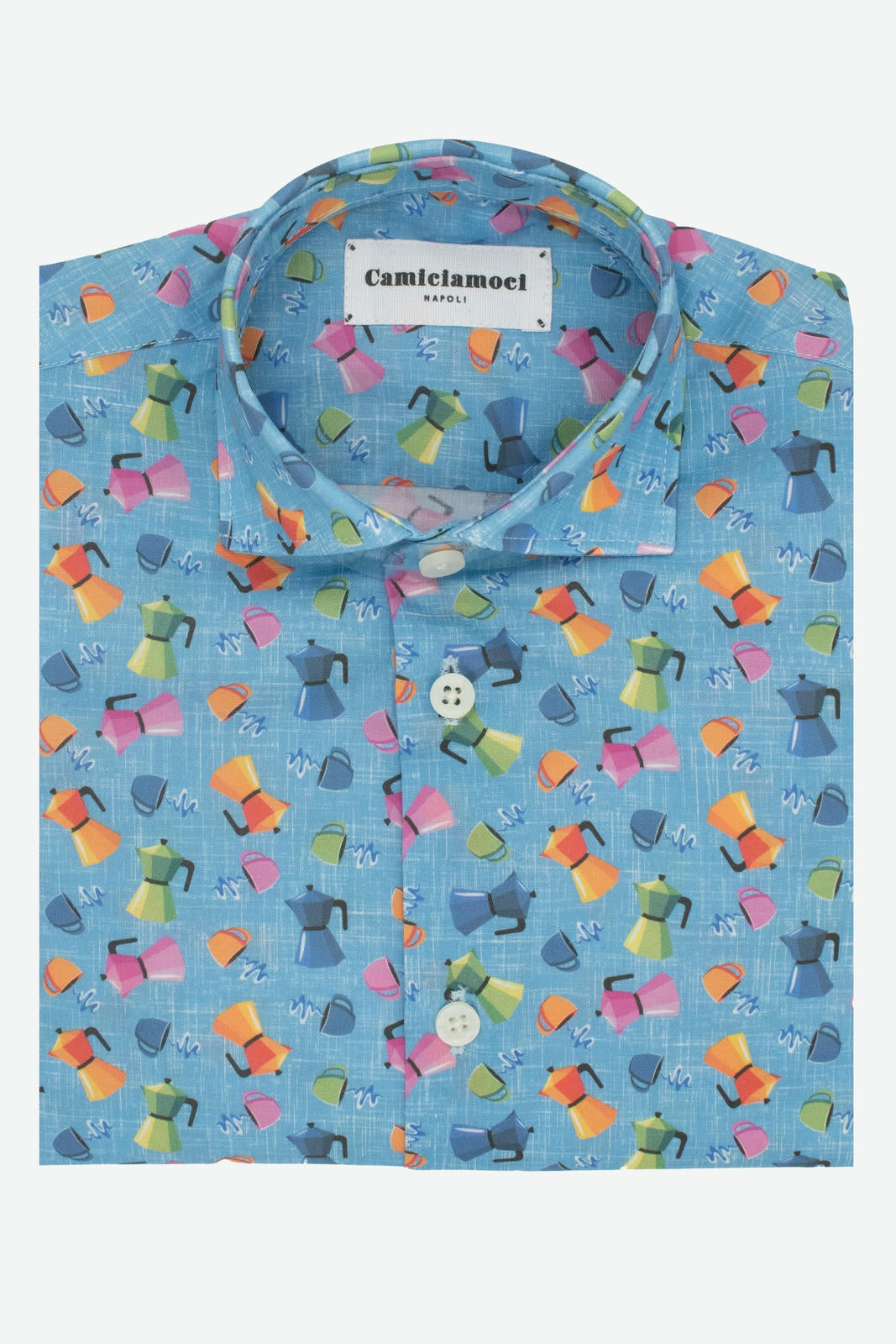 Camicia bambino in cotone con fantasia moke colorate e tazzine su sfondo azzurro