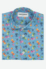 Camicia bambino in cotone con fantasia moke colorate e tazzine su sfondo azzurro