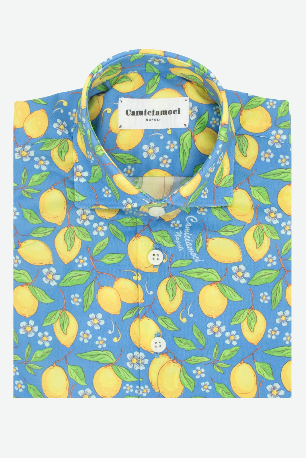 Camicia bambino in cotone con fantasia limoni gialli su fondo azzurro Positano