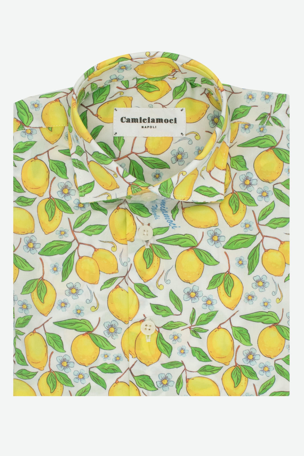 Camicia bambino in cotone con fantasia limoni gialli su fondo bianco Positano