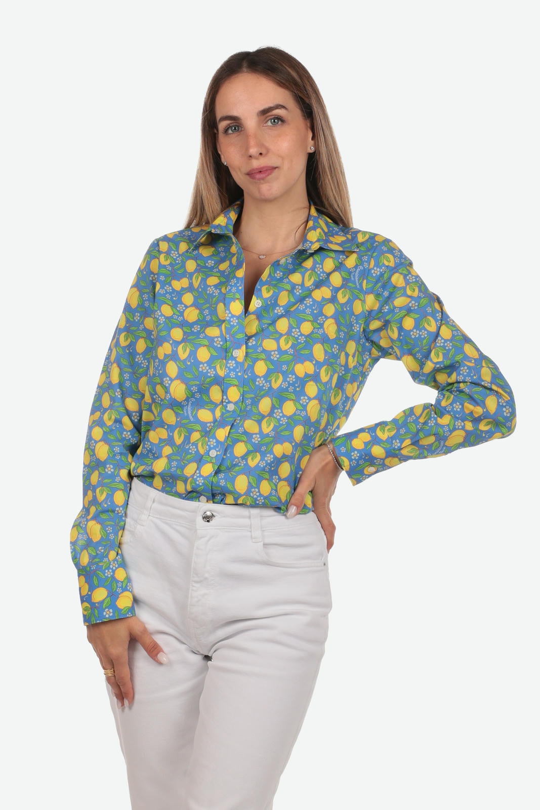 Camicia donna in cotone con fantasia limoni gialli su sfondo azzurro Positano