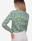 Camicia donna in cotone con fantasia limoni gialli su sfondo azzurro Positano