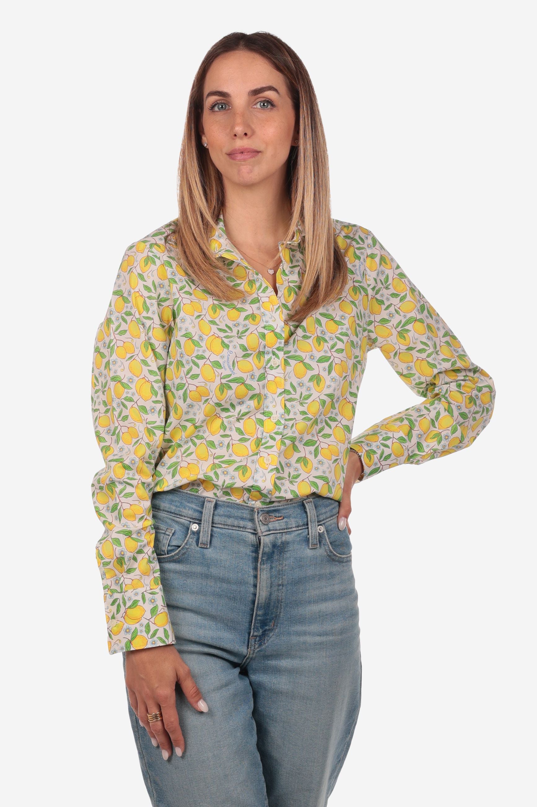 Camicia donna in cotone con fantasia limoni gialli su sfondo bianco Positano