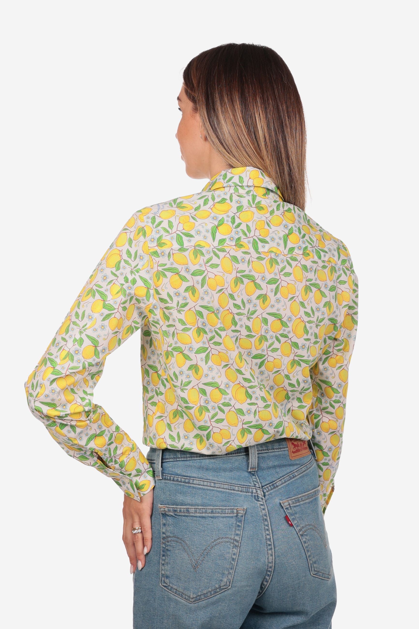 Camicia donna in cotone con fantasia limoni gialli su sfondo bianco Positano