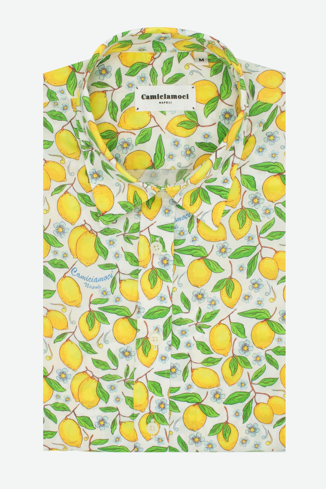 Camicia donna in cotone con fantasia limoni gialli su sfondo bianco Positano