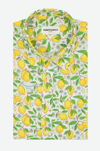 Camicia donna in cotone con fantasia limoni gialli su sfondo bianco Positano