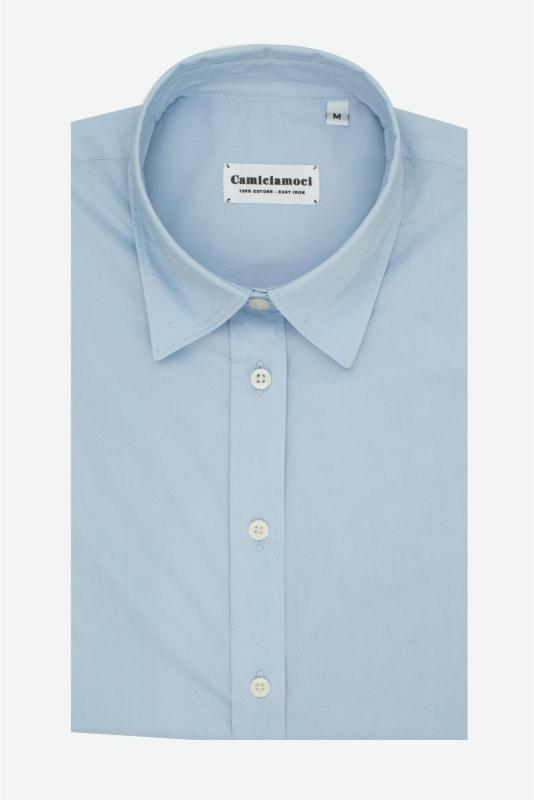 Camicia donna azzurra in cotone 100% tinta unita, realizzata artigianalmente a Napoli