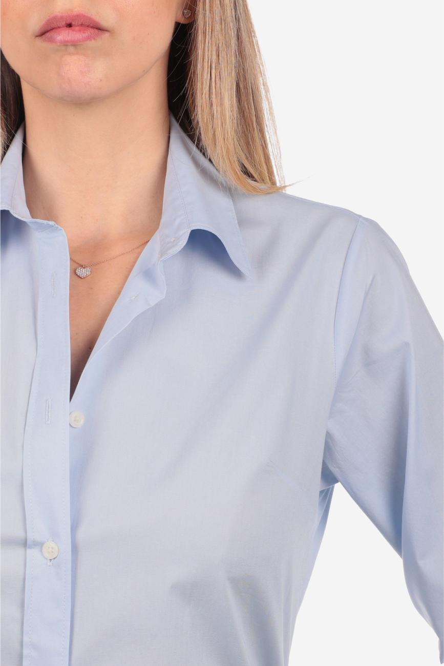 Camicia donna azzurra in cotone 100% tinta unita, realizzata artigianalmente a Napoli