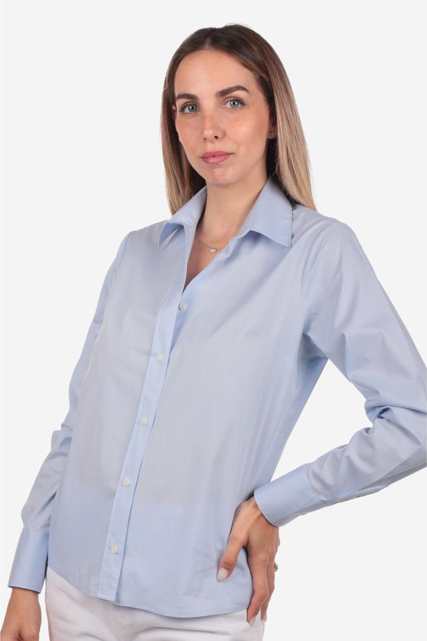 Camicia donna azzurra in cotone 100% tinta unita, realizzata artigianalmente a Napoli