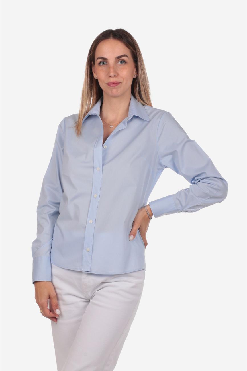 Camicia donna azzurra in cotone 100% tinta unita, realizzata artigianalmente a Napoli