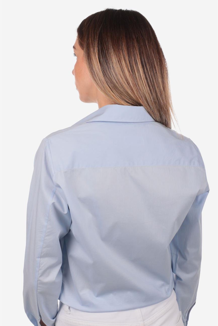 Camicia donna azzurra in cotone 100% tinta unita, realizzata artigianalmente a Napoli