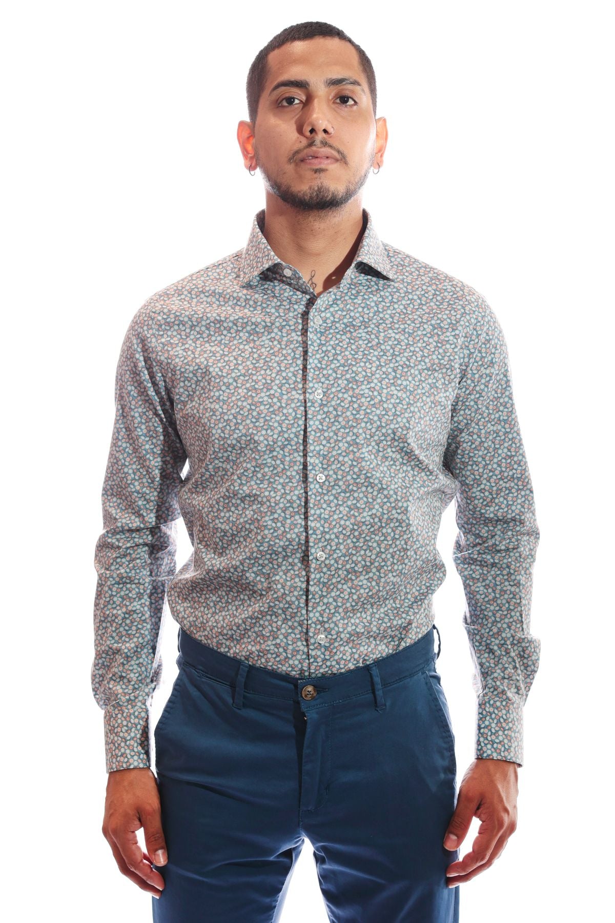 Camicia uomo facile stiro a fantasia arancia in cotone, realizzata a Napoli