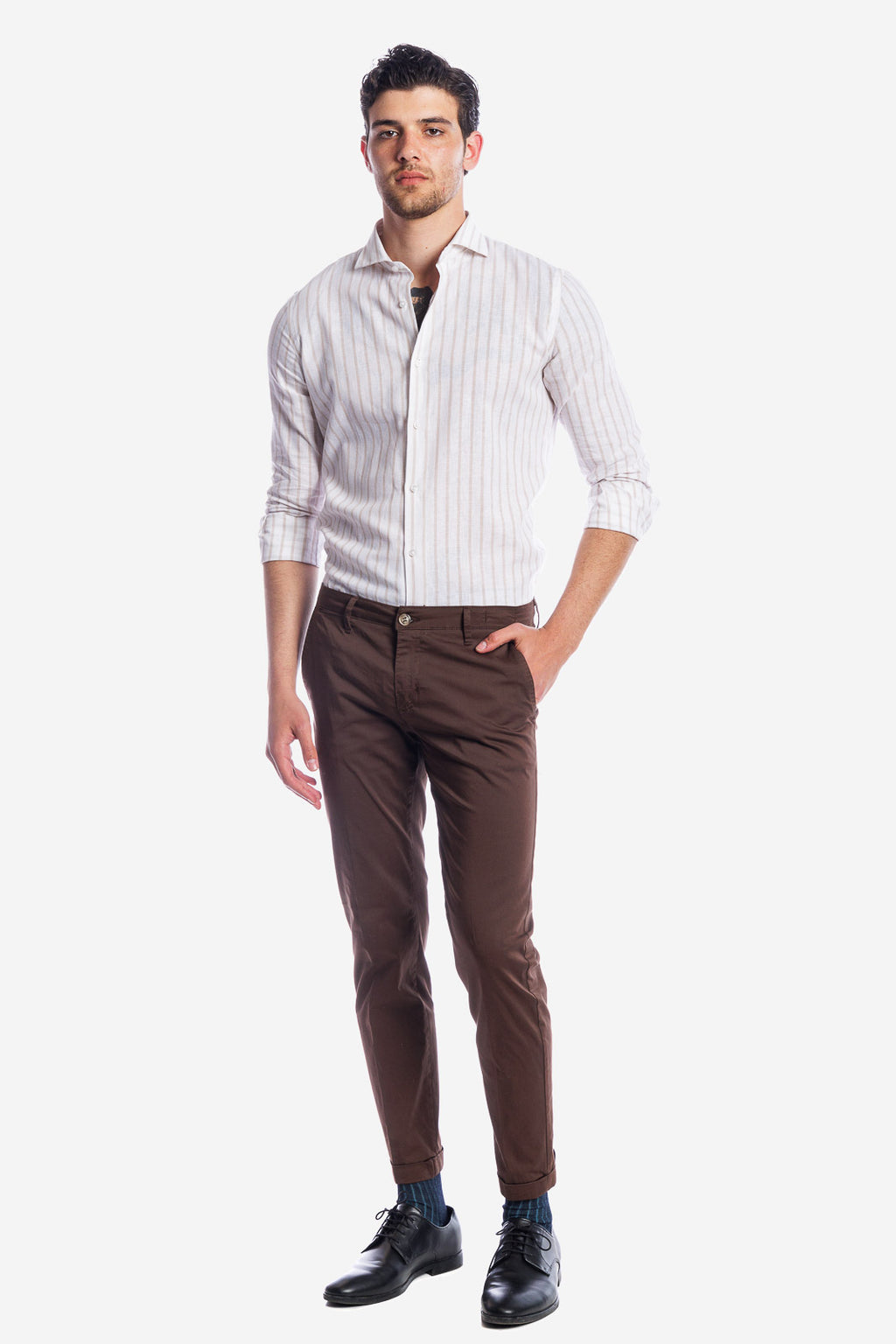 Camicia 100% lino fondo bianco con riga