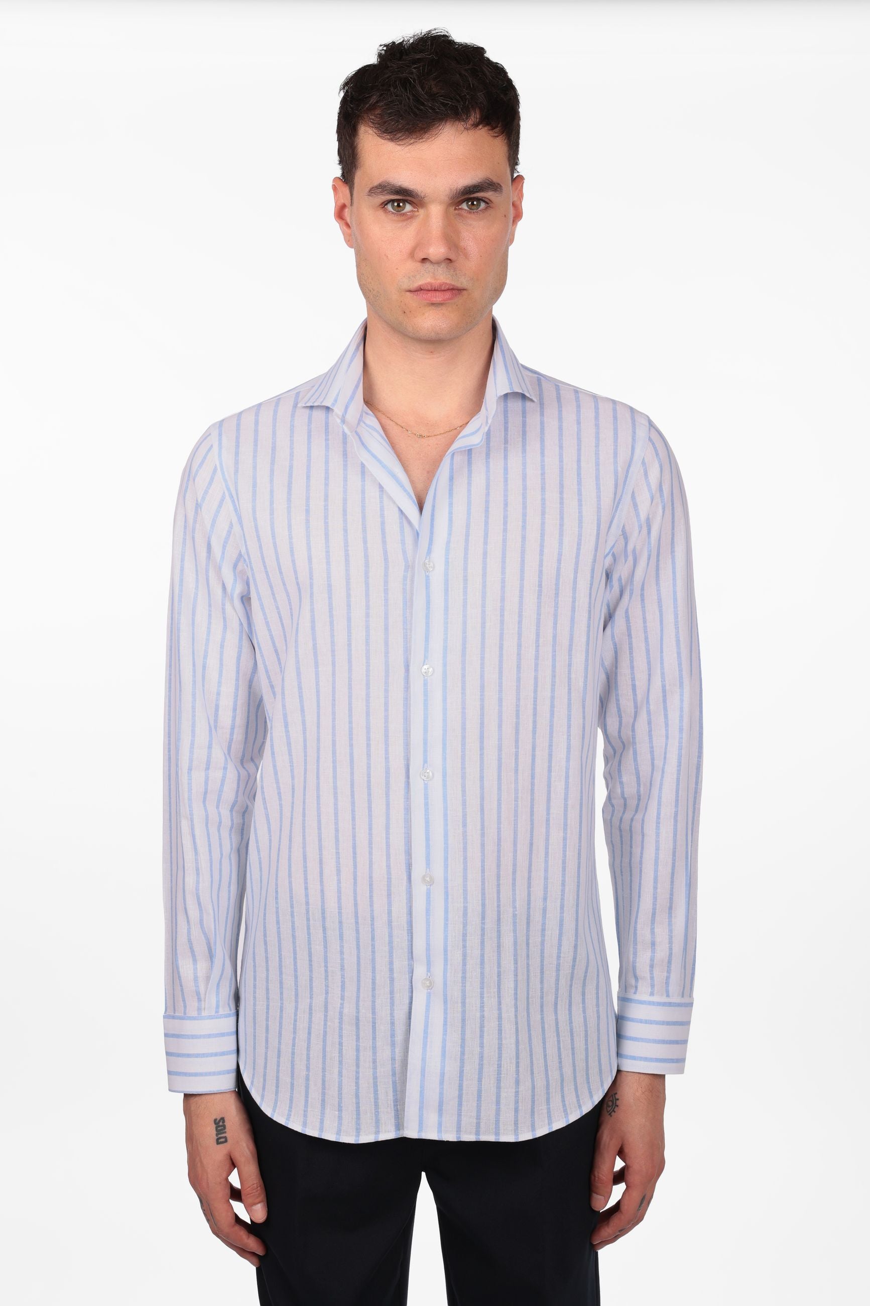 Camicia 100% lino fondo bianco con riga
