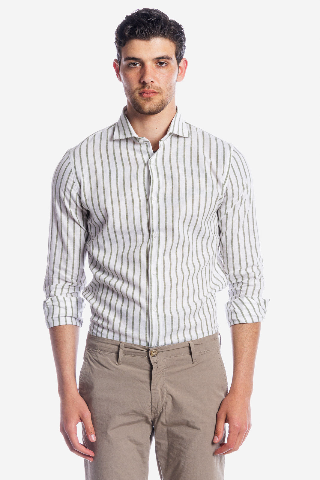 Camicia 100% lino fondo bianco con riga