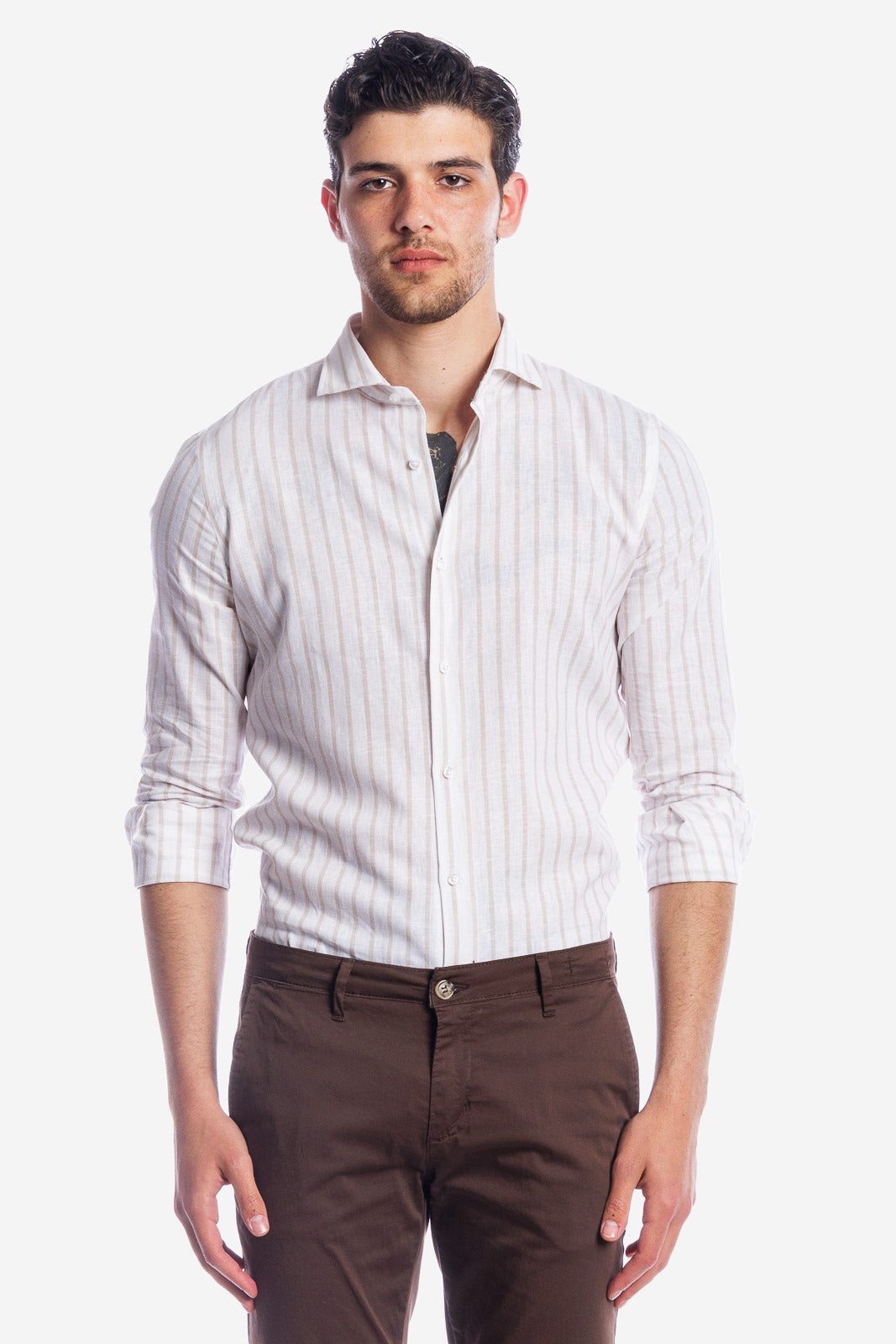 Camicia 100% lino fondo bianco con riga